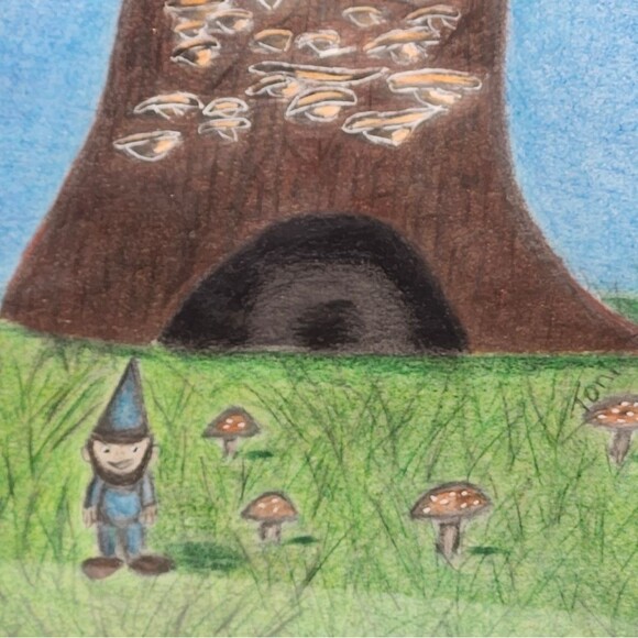 Hand Crafted Gnome Tree House Colored Pencil Drawing Framed 9x11" - Picture 10 of 13